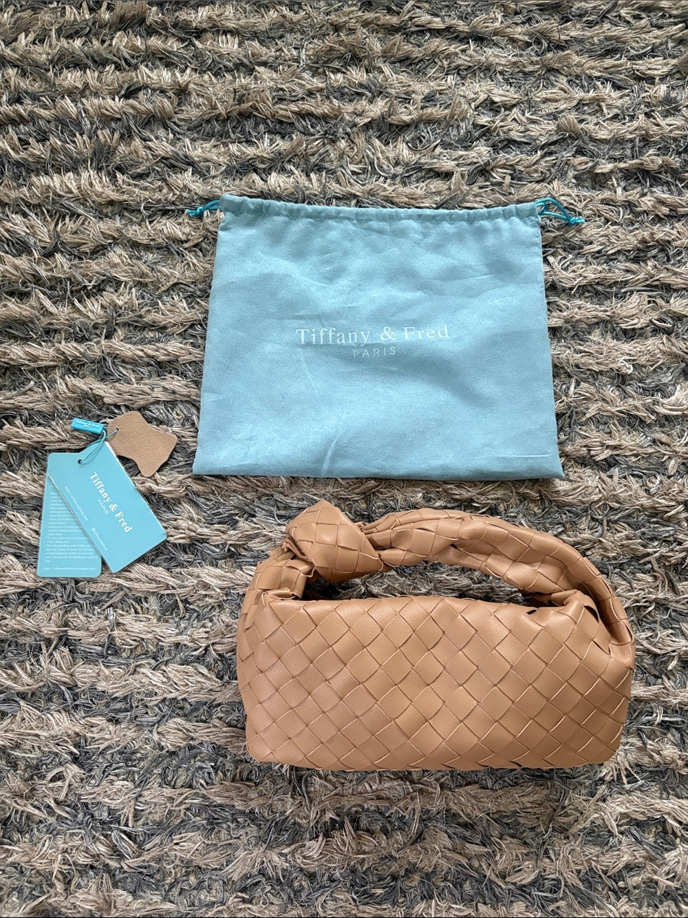 Tiffany & Fred Paris NWT Woven Leather Knot Top Handle Bag Pouch Brown Tan
